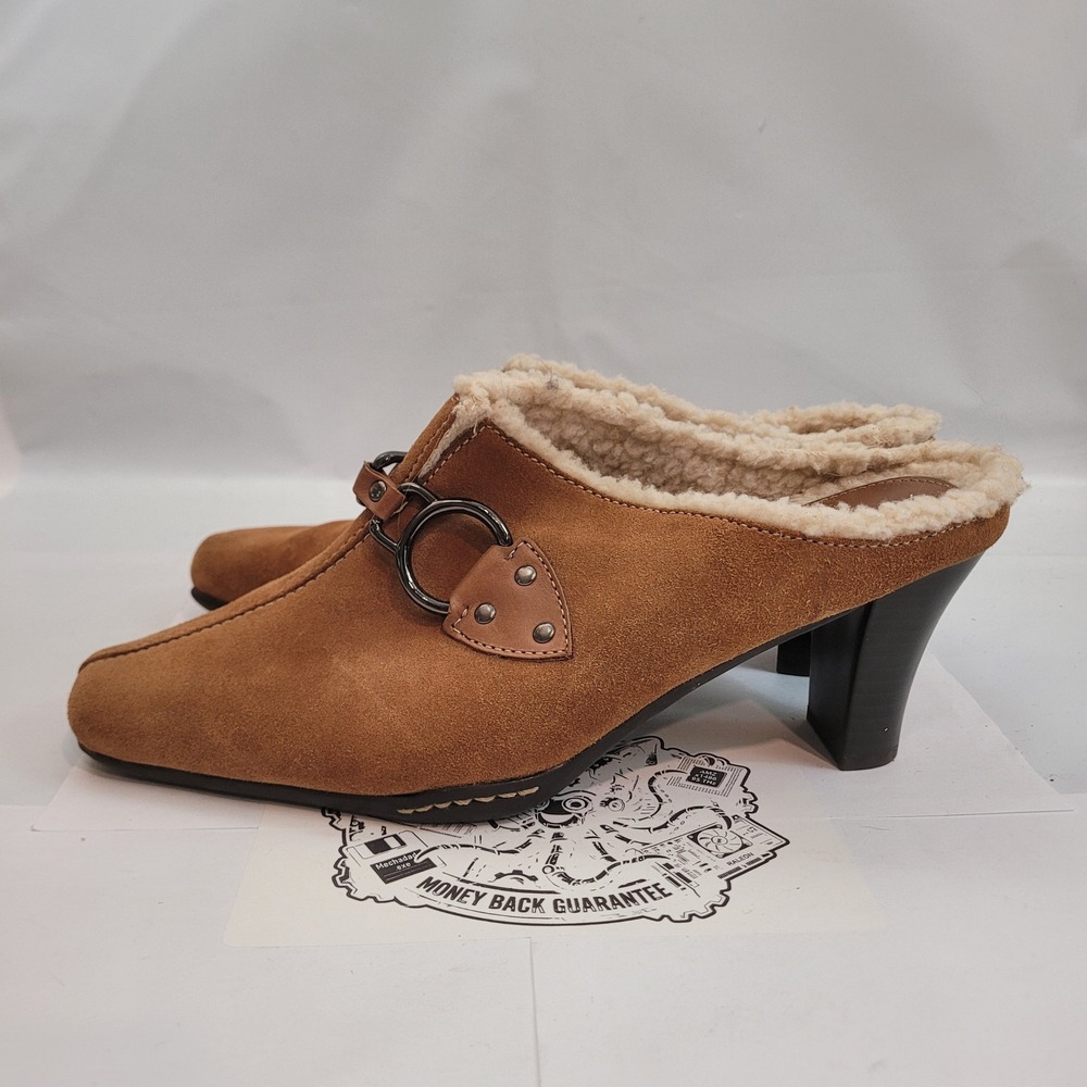 Aerosoles Cinchshearly Mules Women 9.5M Brown Suede Shearling Lined Block Heel